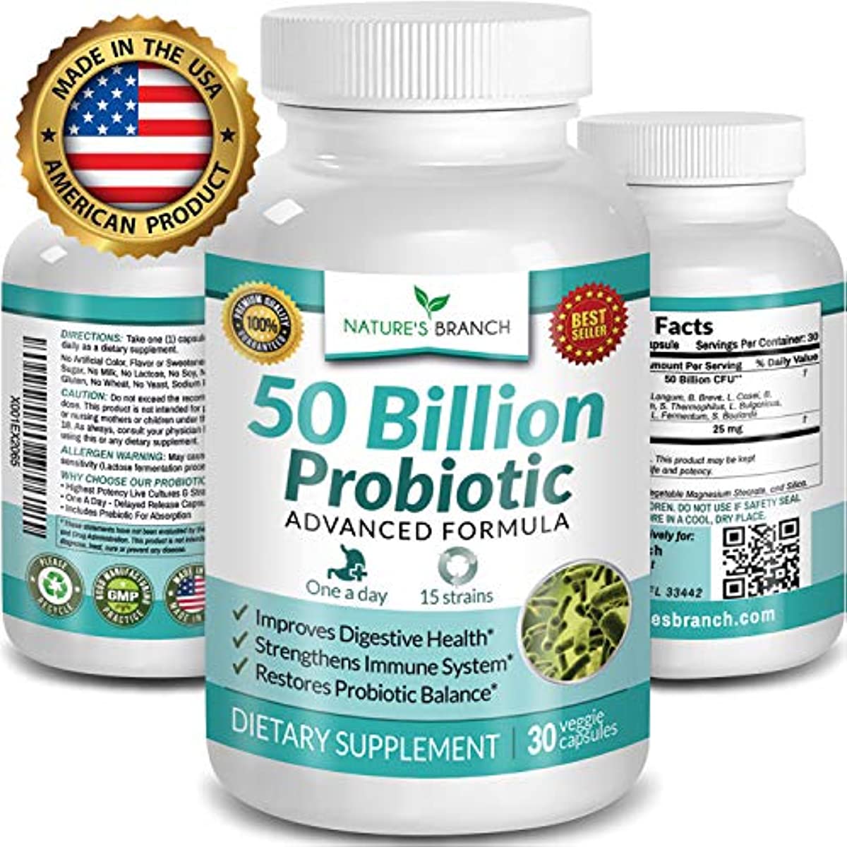 50 Billion PROBIOTIC 15 Strains Support Digestive Immune 30 Caps Nature ...