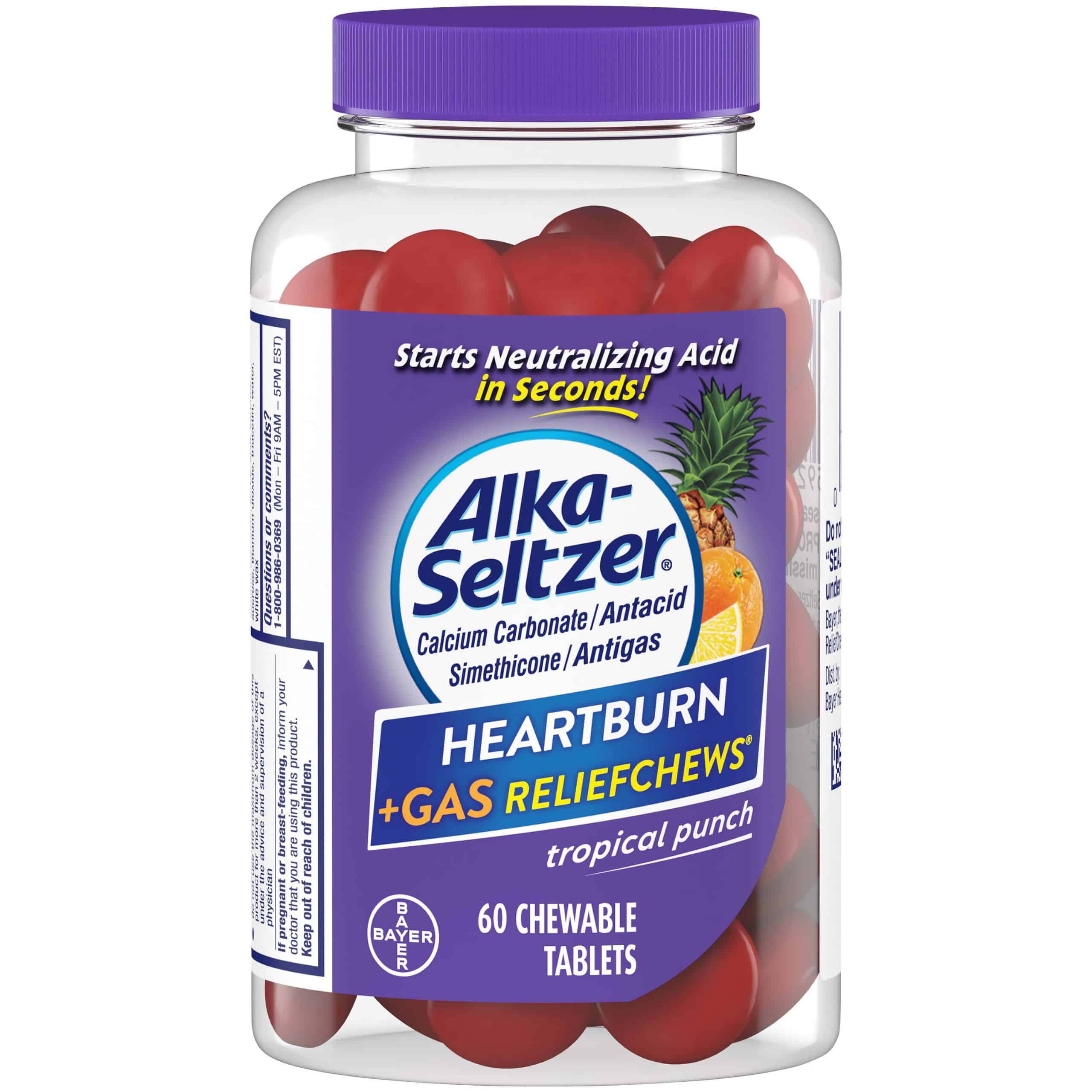 Alka Seltzer Heartburn Relief + Gas Relief Chews, Tropical Punch 60 Ct ...