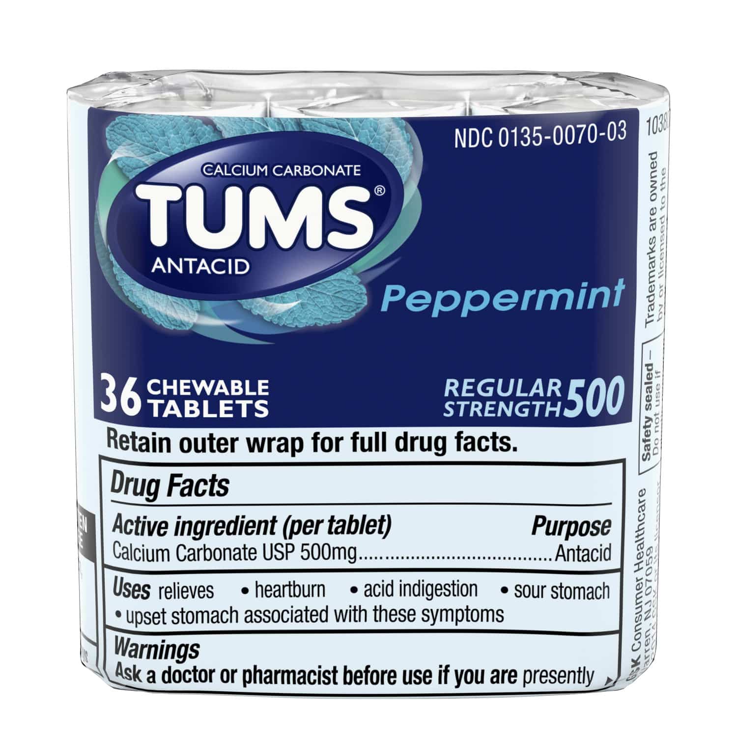 TUMS Antacid Chewable Tablets for Heartburn Relief, Regular Strength ...